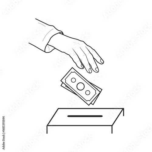 Isolated outline illustration of a hand putting money into a donation box, symbolizing charity, contribution, giving, fundraising, and financial support.
