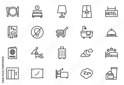 Motel outline icon set. Hotel icon set. Hotel services related line icons: room, rental, booking, bellboy, breakfast, travel, vacation, holiday and more. Thin outline icons pack. Vector illustration.