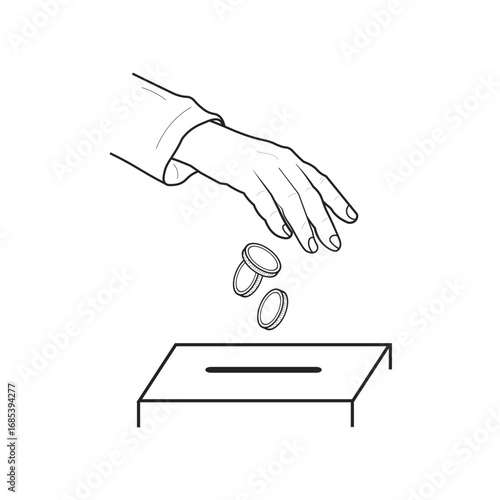 Isolated outline illustration of a hand putting money into a donation box, symbolizing charity, contribution, giving, fundraising, and financial support.
