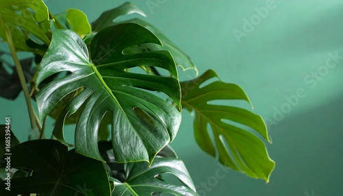 Close-up of lush monstera leaves against a teal backdrop