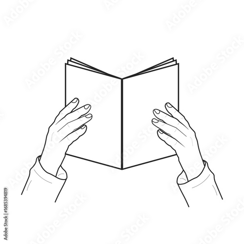 Isolated outline illustration of two hands holding an open book, symbolizing reading, studying, education, and instruction for learning or manual guide.