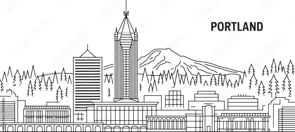 Fototapeta premium Portland Oregon Skyline Vector Illustration with Mount Hood in the Background Outline Style