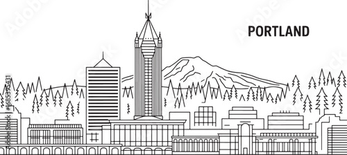Portland Oregon Skyline Vector Illustration with Mount Hood in the Background Outline Style