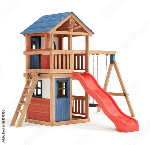 Multi-level wooden playhouse with slide and swing