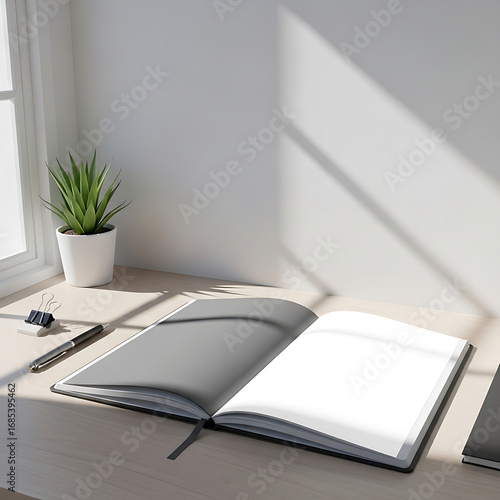 Open Notebook, Pen, and Plant on Wooden Desk with Sunlight