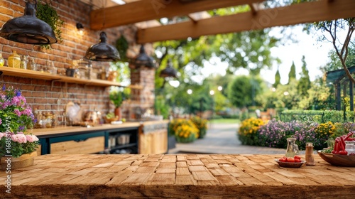 Rustic outdoor kitchen with textured countertop. Perfect for food photography, mockup and product placement to promote lifestyle and outdoor products