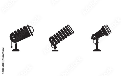 Studio Lighting Equipment in Black Silhouette Isolated on White Backdrop for Professional Photography and Cinematography