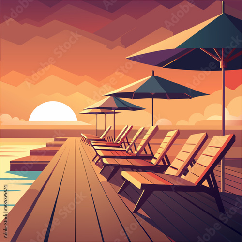 Serene beach lounge chairs and umbrellas at sunset on a wooden pier