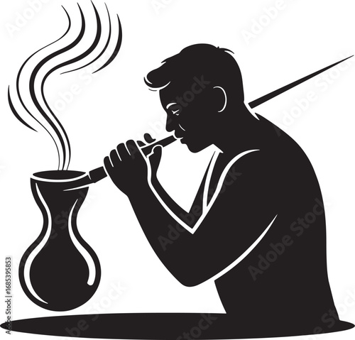 Silhouette of a Man Smoking Hookah with Smoke Rising in a Dark Monochrome Illustration