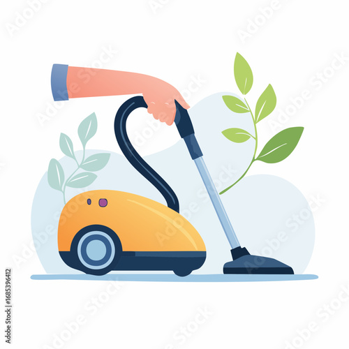 Hand Using Pastel Orange Vacuum Cleaner Illustration