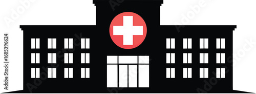 Hospital Building Silhouette Vector Illustration with Red Cross Symbol Healthcare