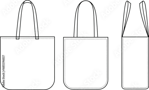 
CAD drawing flat vector illustration of minimalist tote bag front, back, and side views for sewing, pattern making, fashion design