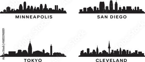 Minneapolis, San Diego, Tokyo, and Cleveland City Skyline Silhouettes Vector Illustration