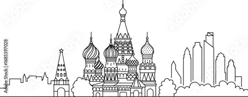 Moscow Skyline Vector Illustration with Saint Basil's Cathedral and City Buildings