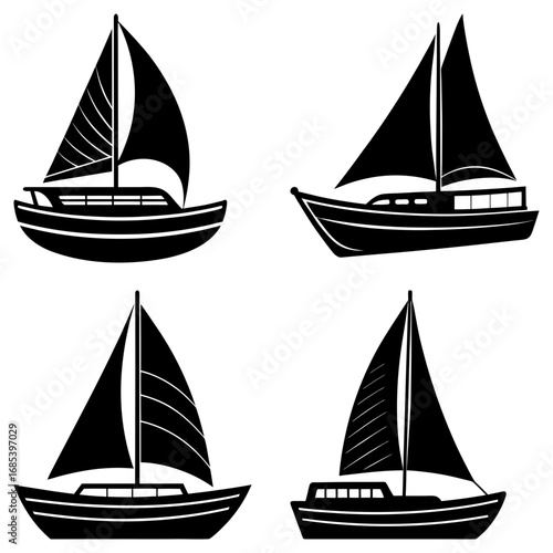 Collection of four black silhouette sailboats with varying sail configurations and hull designs shown