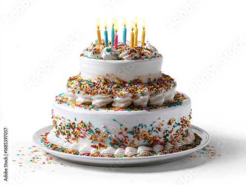 Three tier birthday cake with candles isolated on white background