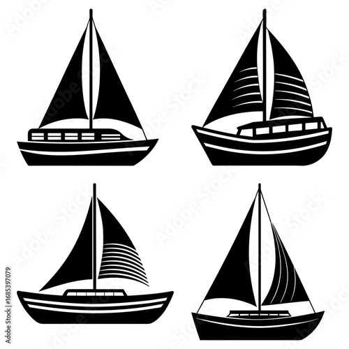 Four black and white silhouette illustrations of different sailboats on a white isolated background design