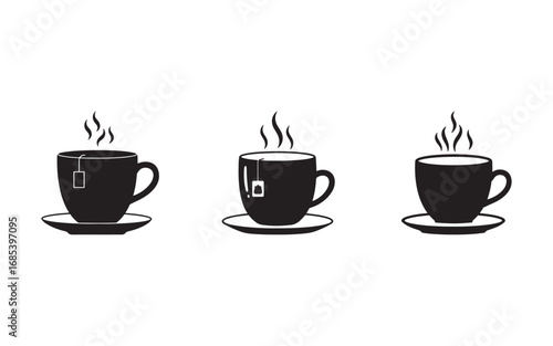 Three Black Tea Cups with Tea Bags and Rising Steam Isolated on White Background Representing Hot Beverages