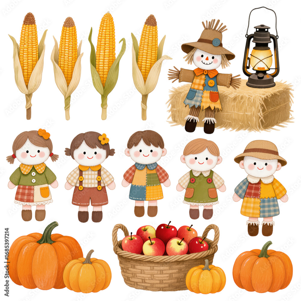 Fototapeta premium A charming harvest scene depicting the season's bounty, including corn, pumpkins, apples, scarecrow and adorable dolls, all presented in a delightful style.