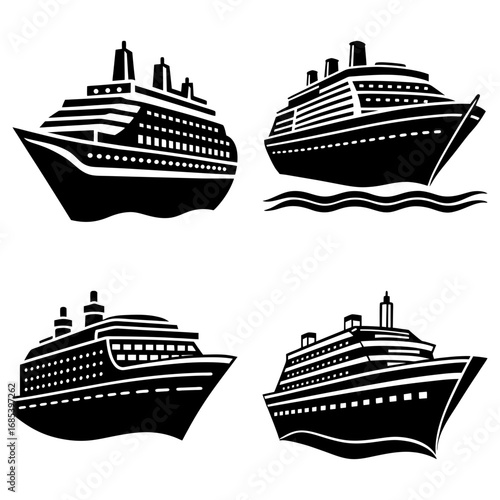 Four cruise ships in black and white with varying designs and orientations on a plain white background image