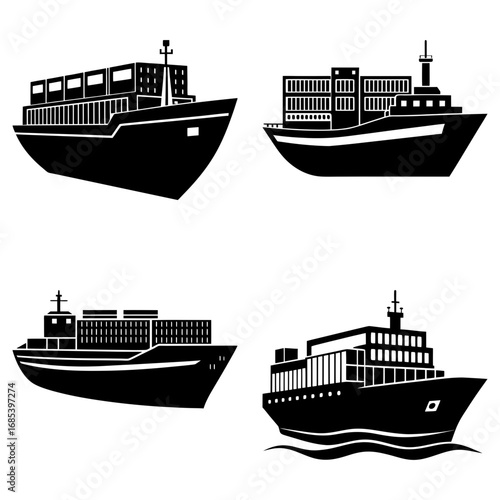 Four black and white silhouette illustrations of cargo ships with container stacks on a white background
