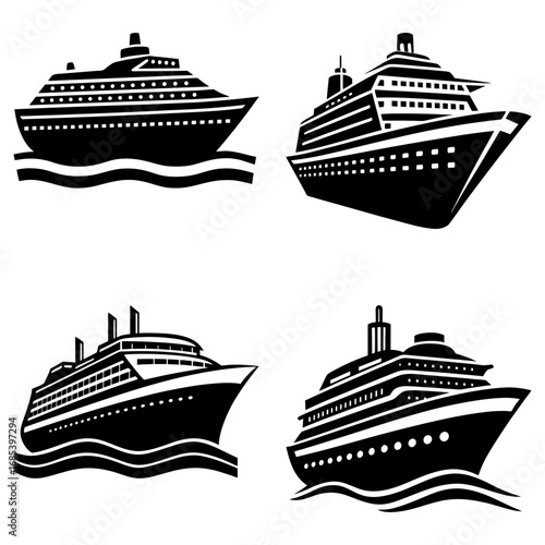 Four cruise ships in black and white with detailed features and different angles of the vessels shown