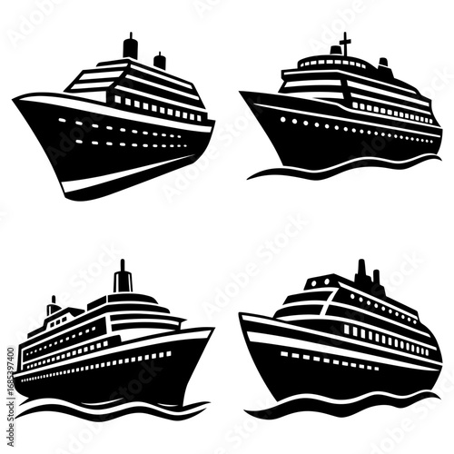 Four cruise ships depicted in black and white showcasing different angles and perspectives of the vessels