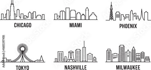 Detailed Skyline Illustrations of Global Cities Chicago Miami Phoenix Tokyo Nashville Milwaukee