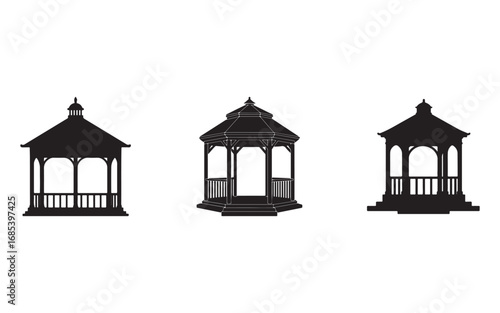 Three gazebo silhouettes on white background architecture and outdoor structure design vector illustration showcasing different architectural styles