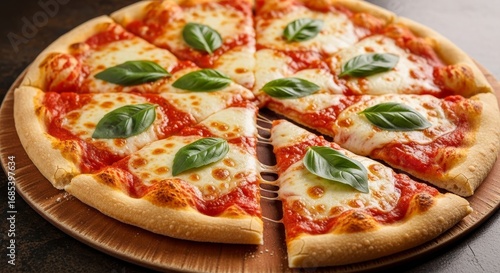 Delicious margherita pizza, fresh basil, and melted mozzarella cheese on a wood board