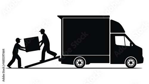 Movers loading a box onto a truck using a ramp