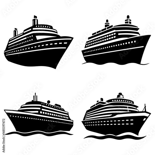 Collection of four cruise ship silhouettes in black and white showcasing different vessel designs and styles