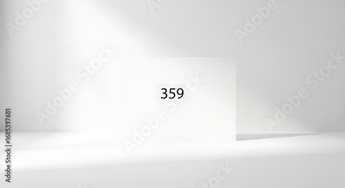 Minimalist White Room with a White Block Displaying the Number 359 and Soft Shadows