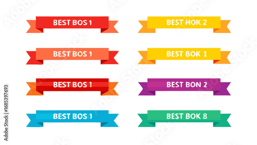 Collection of colorful ribbons with different text labels like best bos and best bok in various colors