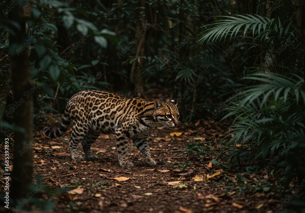 Naklejka premium Ocelot walking through dense foliage wild spotted