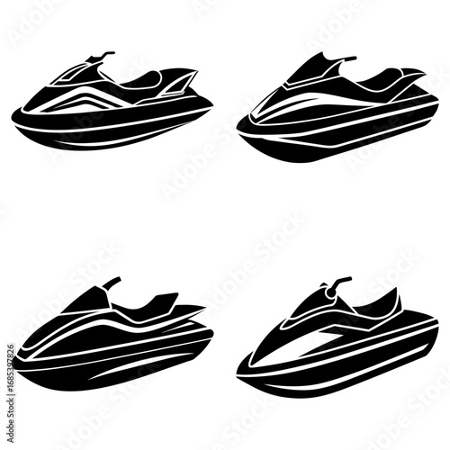 Four black and white jet skis arranged in a square pattern on a white background in a simple illustration
