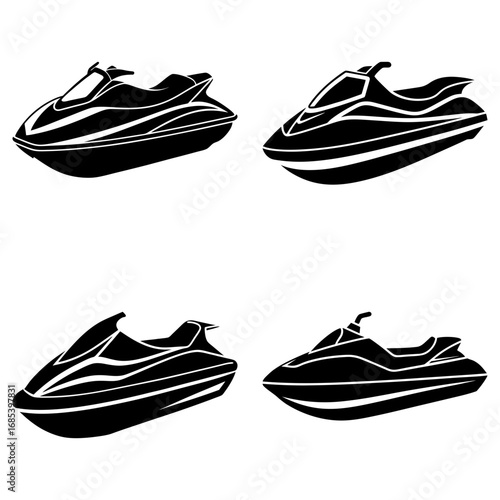 Four black and white jet ski illustrations arranged in a square formation on a white background art