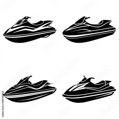 Illustration of four black jet skis in a square arrangement on a white background with sleek designs 100