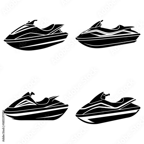 Four stylized black and white jet skis arranged in a two by two grid on a white background image