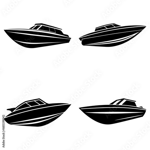 Four black and white speedboats in different angles and orientations on a white background image vector