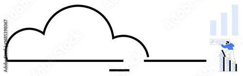 Minimalist cloud with a user analyzing data graphs and search bar on tall blocks. Ideal for technology, data analysis, cloud computing, innovation, user interaction, business, and automation. Simple