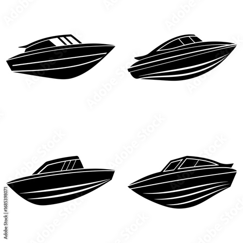 Four stylized black and white speedboats arranged in a symmetrical pattern on a white background image