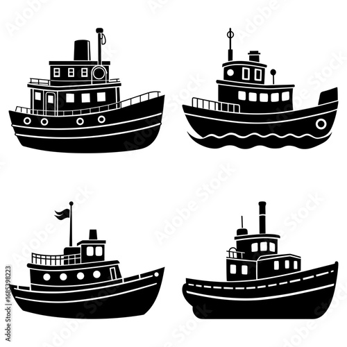Four cartoon style boats in black silhouette with varying designs and details in a square arrangement