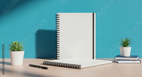 Minimalist Desk with White Notebooks, Succulents, and Blue Books