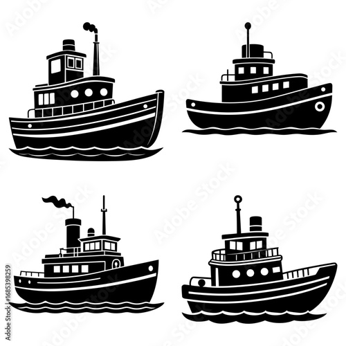 Collection of four black and white cartoon tugboats with varying designs on a white background