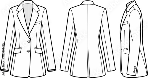 CAD drawing flat vector illustration of women’s blazer jacket, front, back and side view, fashion template, tailored garment design