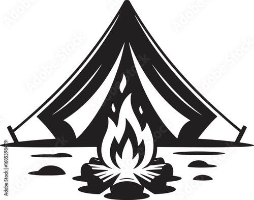 Camping Tent and Campfire Silhouette Vector Illustration for Outdoor Adventure Graphics