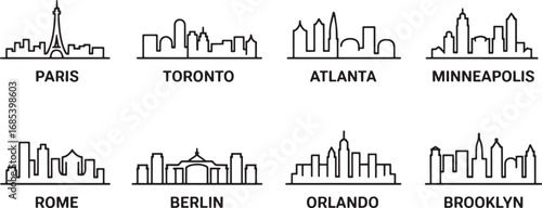 City Skyline Silhouette Vector Set Featuring Famous Landmarks and Urban Architecture