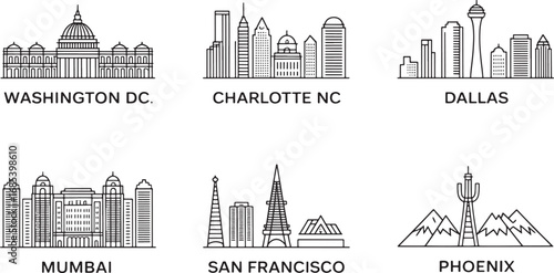 City Skyline Outlines Featuring Washington DC, Charlotte NC, Dallas, Mumbai, San Francisco, Phoenix