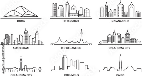 City Skyline Silhouettes of Doha, Pittsburgh, Indianapolis, and More on Transparent